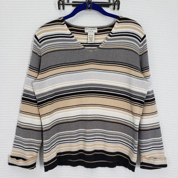 Vintage Covington Y2k V-Neck Sweater Womens Large Gray Striped Cotton Ribbed - Picture 1 of 16